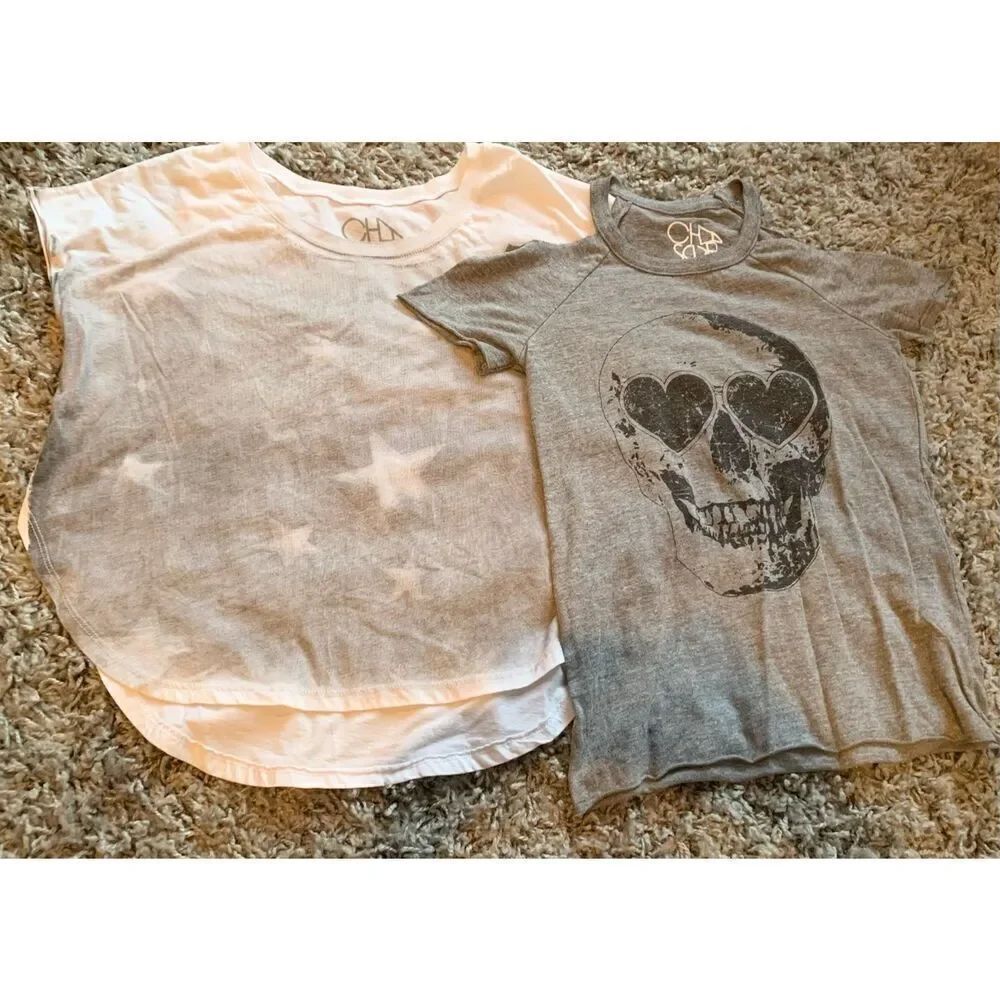 2 Chaser Gray White Distressed Graphic SKULL STARS T Shirt LOT sz XS S
